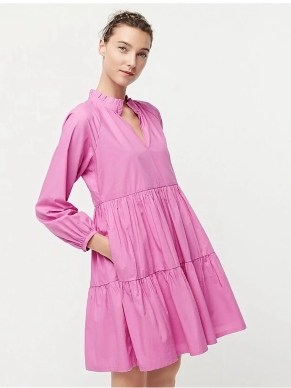 J Crew Pink Poplin Tiered Dress Size S Lined Pockets Barbiecore Feminine